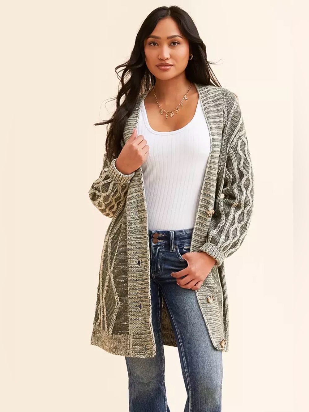 BKE Cable chunky Knit,Button-front, deep V-neck cardigan. Agave Sweater size XS